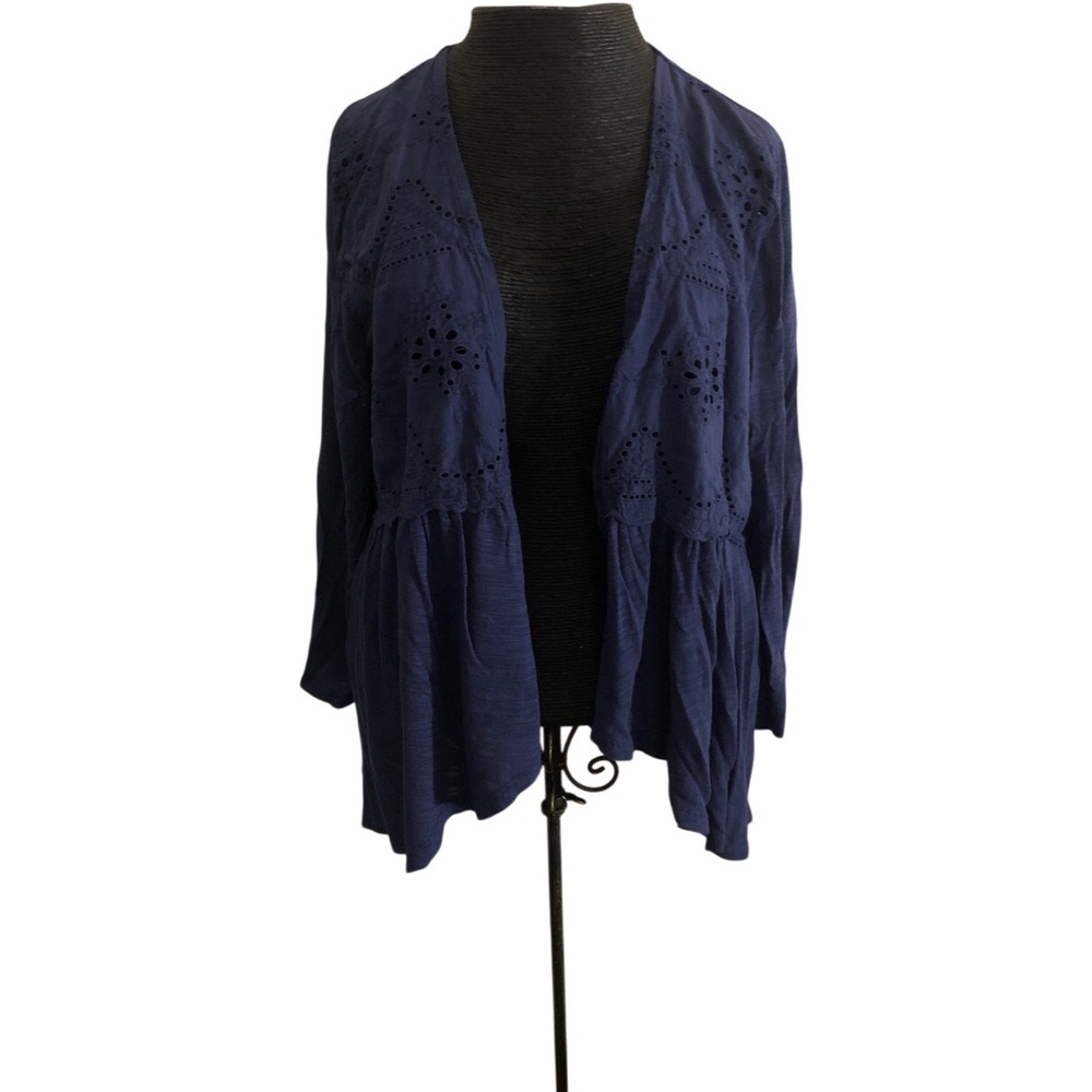 Cable & Gauge Navy Eyelet Cascade Open-Front Cardigan